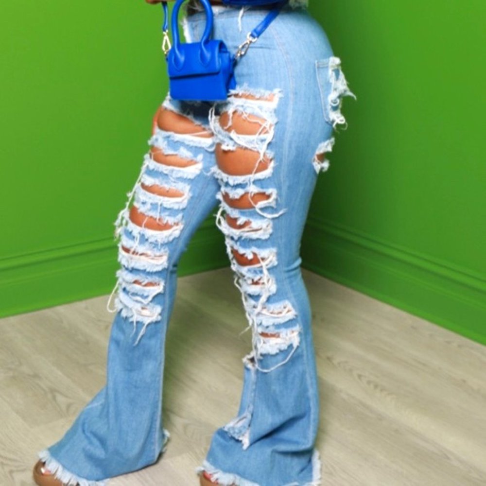 Defeat Distressed High Rise Bell Bottom Jeans - Light Wash